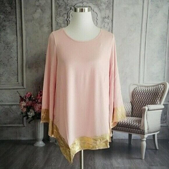 𝅺new Directions Pink Asymmetrical Foil Trim Jersey Tunic Top Plus Size 0X NWT - Picture 2 of 8